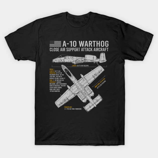 A-10 Warthog Blueprint US Aircraft Plane USAF Airplane T-Shirt by BeesTeez